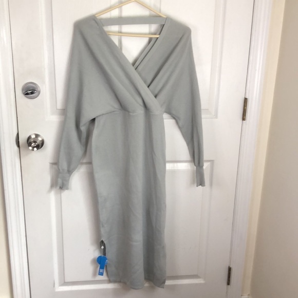 NEW CUPSHE Gray Drop Shoulder Faux Wrap Knit Sweater Dress Missing belt Medium - Picture 1 of 14